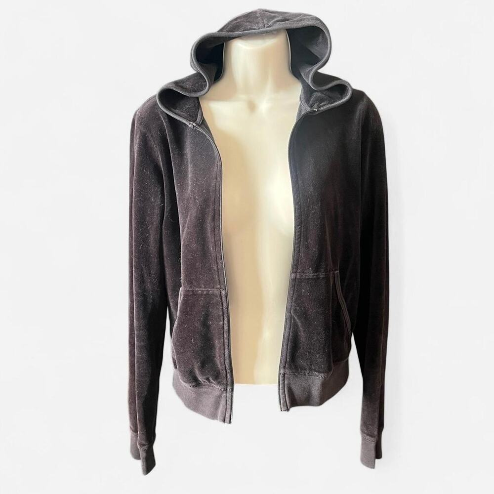 Juicy Couture G&P Velour Zip Up Hoodie Black Size M Y2K Vintage Juicy *FLAWED*
